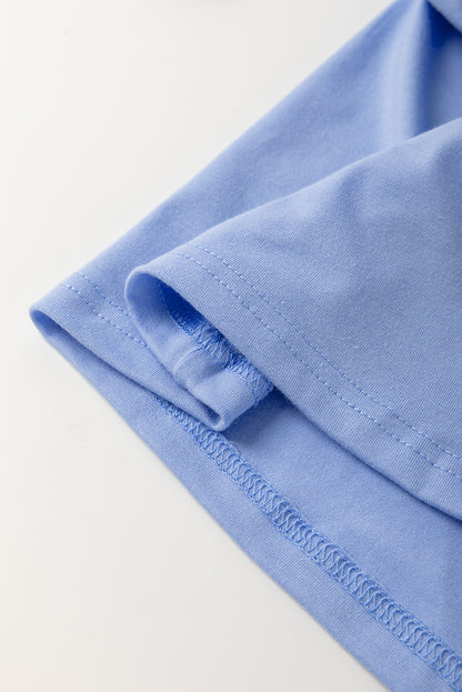 Sky Blue Flower Patched Exposed Stitching Trim Crew Neck Loose Tee