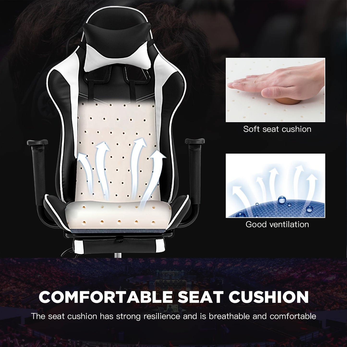 Ergonomic Office Gaming Chair, Video Game Chair with Footrest and Massage Lumbar Support, Ergonomic Computer Chair Height Adjustable with Swivel Seat and Headrest, White