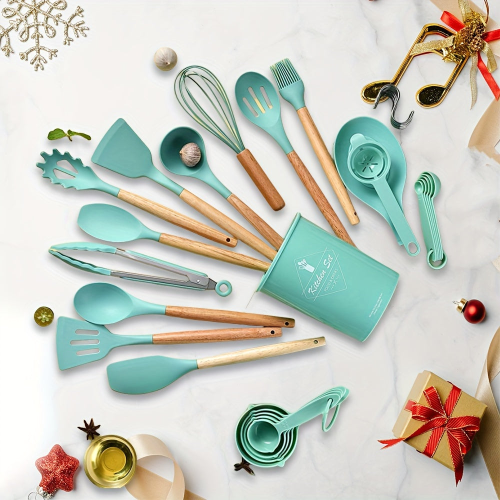 34pcs/set, Wooden Handle Silicone Kitchenware Set, Kitchen Baking Cooking Tools Set High Temperature Resistant Non-stick Pot Special Kitchenware, Kitchen Stuff Baking Supplies
