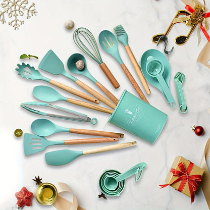 34pcs/set, Wooden Handle Silicone Kitchenware Set, Kitchen Baking Cooking Tools Set High Temperature Resistant Non-stick Pot Special Kitchenware, Kitchen Stuff Baking Supplies