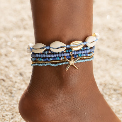 6pcs Set Unisex Glass Bead Anklets with Faux Shell & Starfish Pendants, Random Size & Quantity, Simple Vacation Style, Summer Beach Foot Jewelry for Daily & Holiday Wear