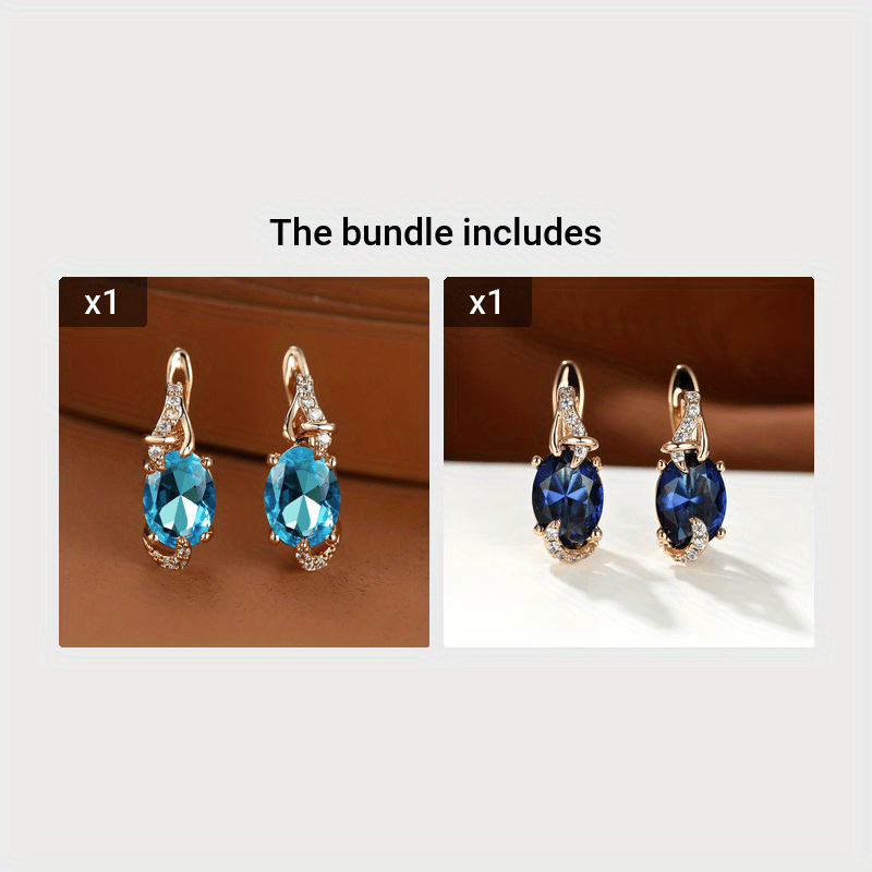 Women's 18K Gold Plated Blue Stone Stud Earrings - Elegant Round Oval Cut, Synthetic Cubic Zirconia, Copper Ear Needle - All-Season Jewelry | Trendy Design | Durable Plating