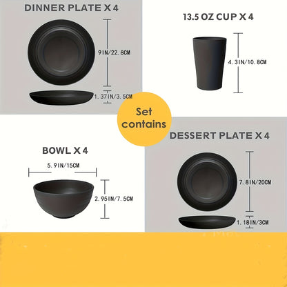 Premium Family Outdoor Dinnerware Set - 16 Unbreakable Pieces, Microwave - and Dishwasher - Safe, Black Set with 8 Plates, 4 Bowls and 4 Cups