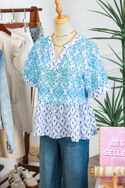 Sky Blue Boho Floral Geometric Patchwork Short Puff Sleeve Babydoll Blouse