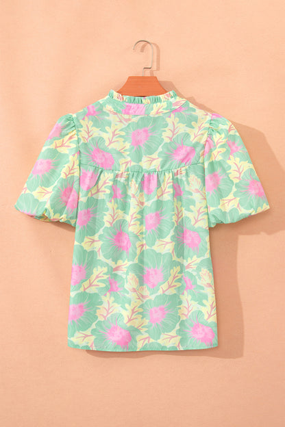 Green Short Bubble Sleeve Summer Floral Blouse
