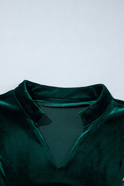 Blackish Green Leopard Trim Velvet Long Sleeve Shift Dress