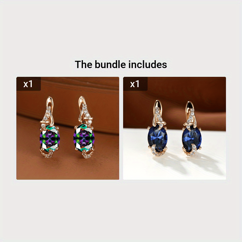 Women's 18K Gold Plated Blue Stone Stud Earrings - Elegant Round Oval Cut, Synthetic Cubic Zirconia, Copper Ear Needle - All-Season Jewelry | Trendy Design | Durable Plating
