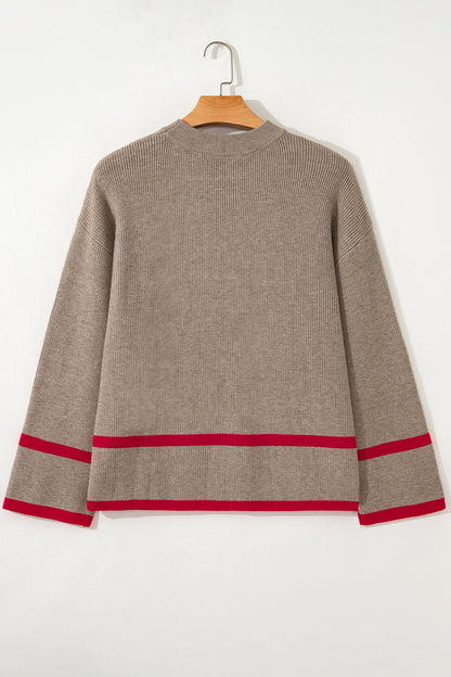 Simply Taupe Ribbed Knit Contrasted Stripe Detail Button Side Loose Sweater