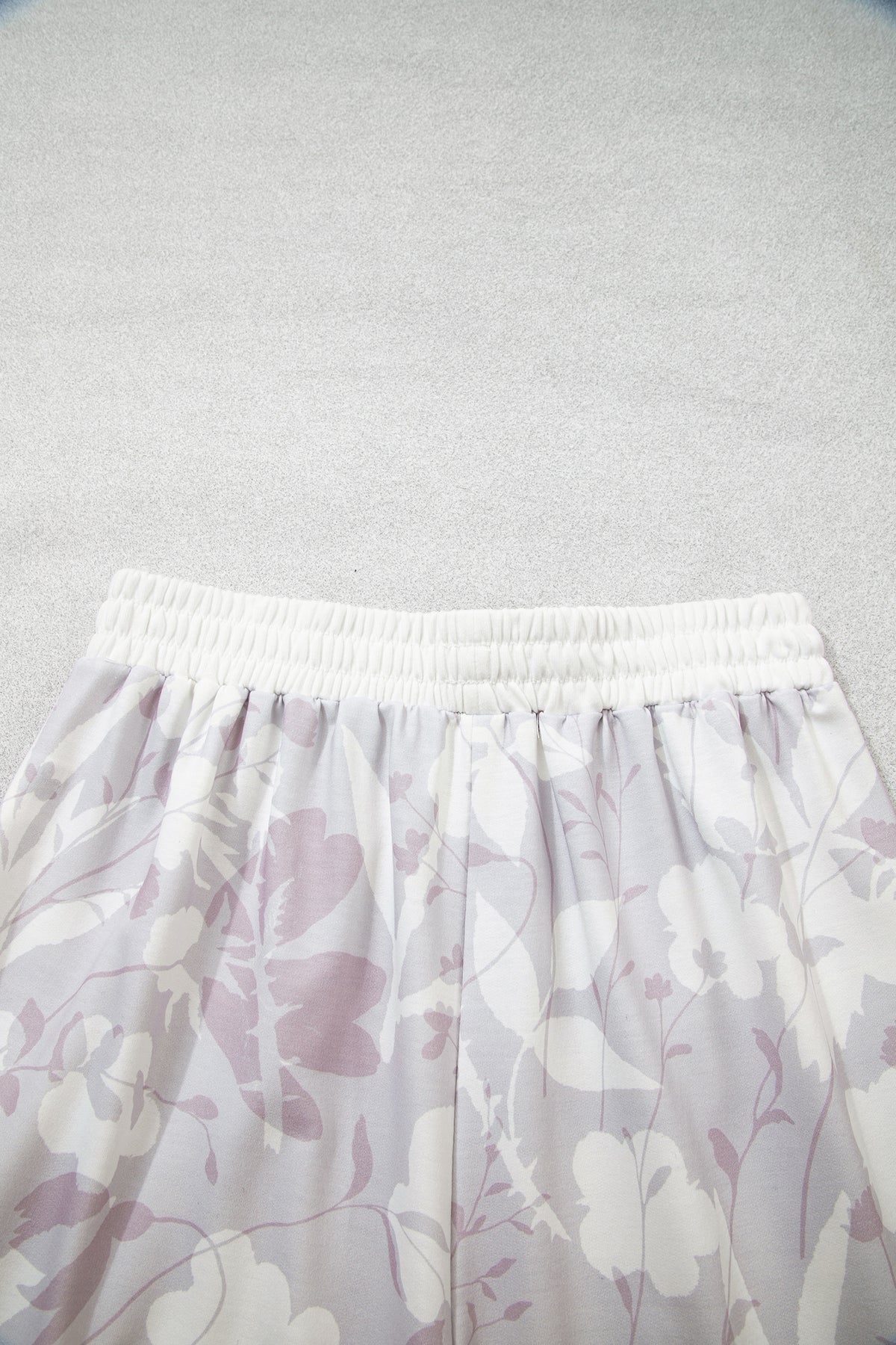 Gray Floral Print Wide Leg Ankle-Length Elastic Waistband Pants