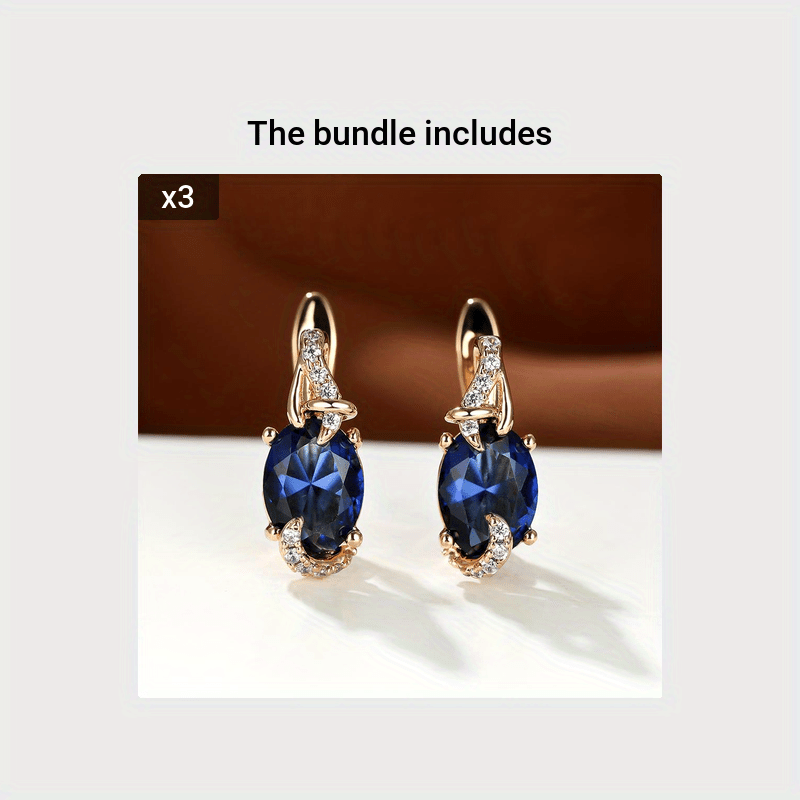 Women's 18K Gold Plated Blue Stone Stud Earrings - Elegant Round Oval Cut, Synthetic Cubic Zirconia, Copper Ear Needle - All-Season Jewelry | Trendy Design | Durable Plating