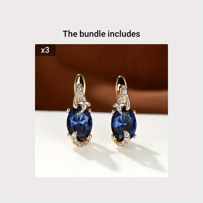 Women's 18K Gold Plated Blue Stone Stud Earrings - Elegant Round Oval Cut, Synthetic Cubic Zirconia, Copper Ear Needle - All-Season Jewelry | Trendy Design | Durable Plating
