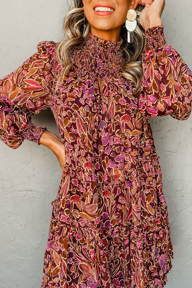 Red Floral Print Long Sleeve Shirred High Neck Loose Mini Dress
