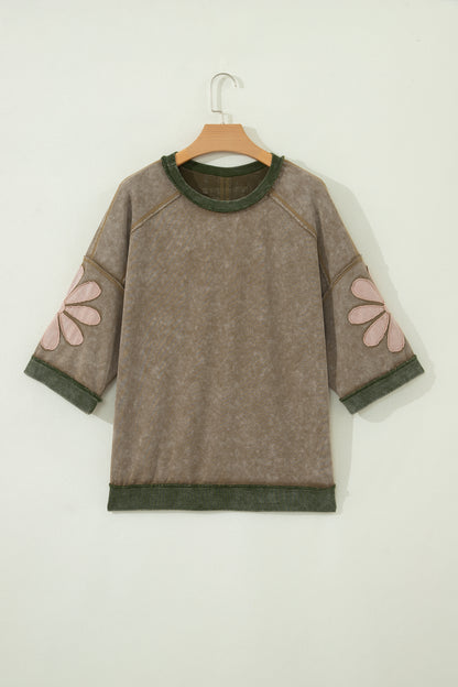 Breen Mineral Wash Raw Seam Patchwork Flower Patched 3/4 Sleeve Oversize Top