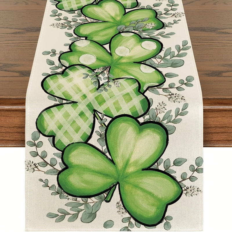 1pc, Linen Table Runner, Shamrocks Eucalyptus Buffalo Plaid Table Runner, Heart Shamrock St. Patrick's Day Table Runner, Seasonal Spring Holiday Kitchen Dining Table Decoration For Indoor Outdoor Home Party Decor