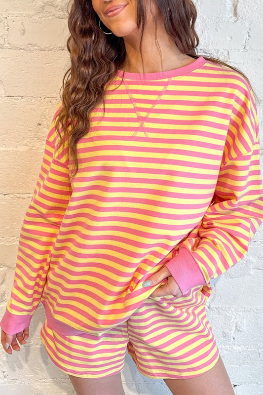 Yellow Stripe Color Block Trim Round Neck Long Sleeve Top Casual Shorts 2pcs Set