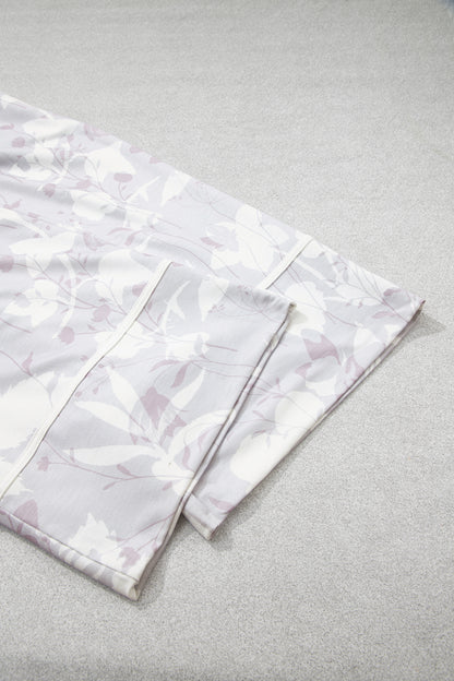 Gray Floral Print Wide Leg Ankle-Length Elastic Waistband Pants
