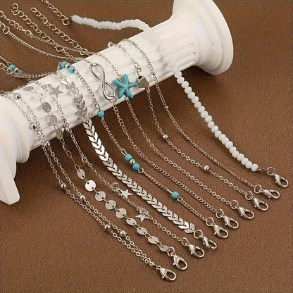 Set Of Multiple Bohemian Style Golden Starfish Pearl Anklets For Girls To Wear During Summer Vacation Outings