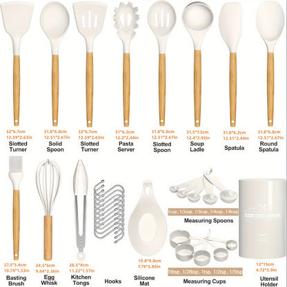 33pcs Silicone Kitchen Utensil Set with Stand - Non-Stick, Heat Resistant Cooking Tools & Gadgets with Wooden Handles
