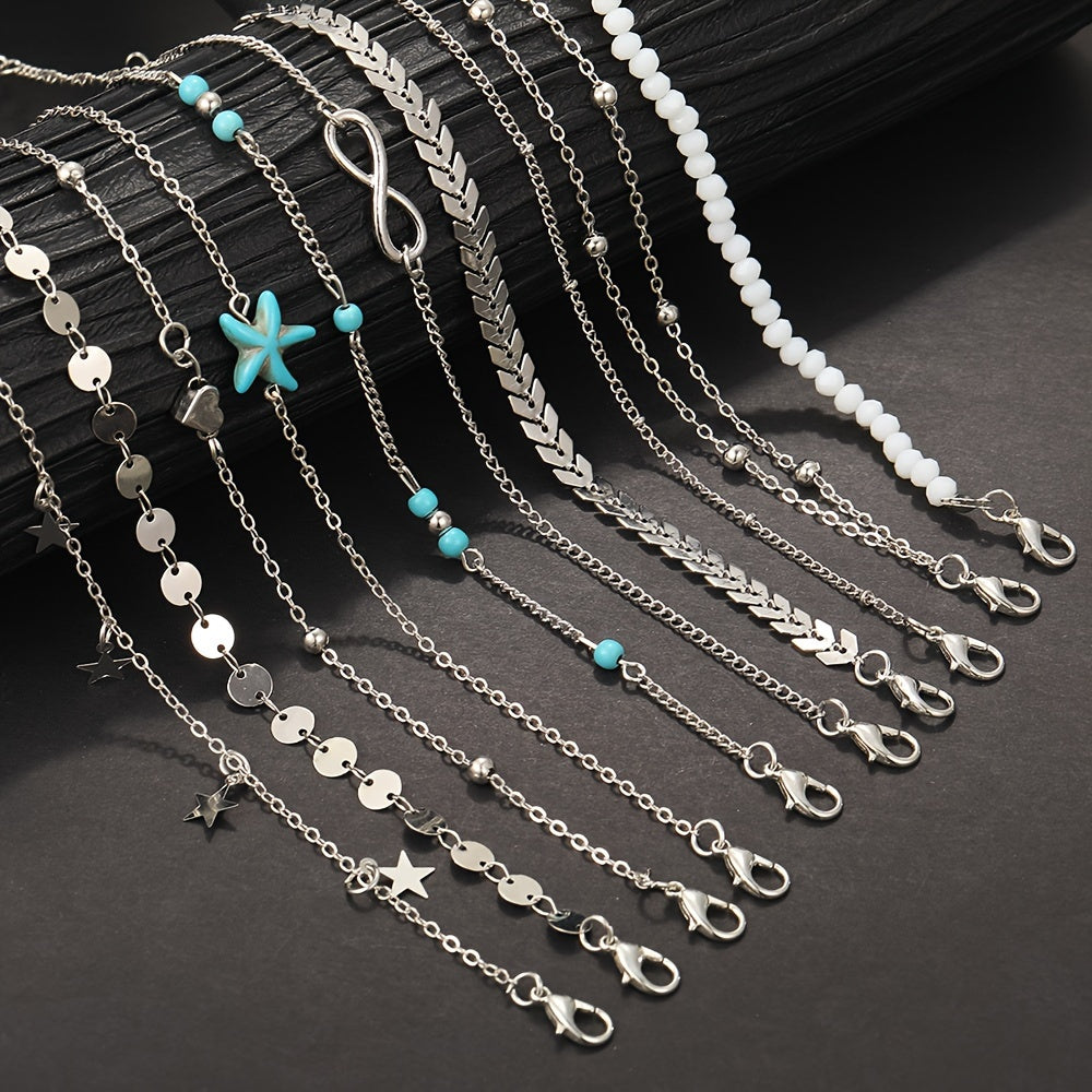 Set Of Multiple Bohemian Style Golden Starfish Pearl Anklets For Girls To Wear During Summer Vacation Outings