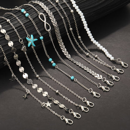 Set Of Multiple Bohemian Style Golden Starfish Pearl Anklets For Girls To Wear During Summer Vacation Outings