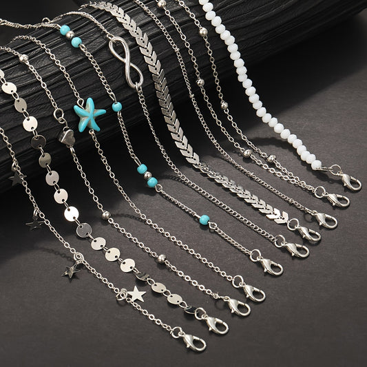 Set Of Multiple Bohemian Style Golden Starfish Pearl Anklets For Girls To Wear During Summer Vacation Outings