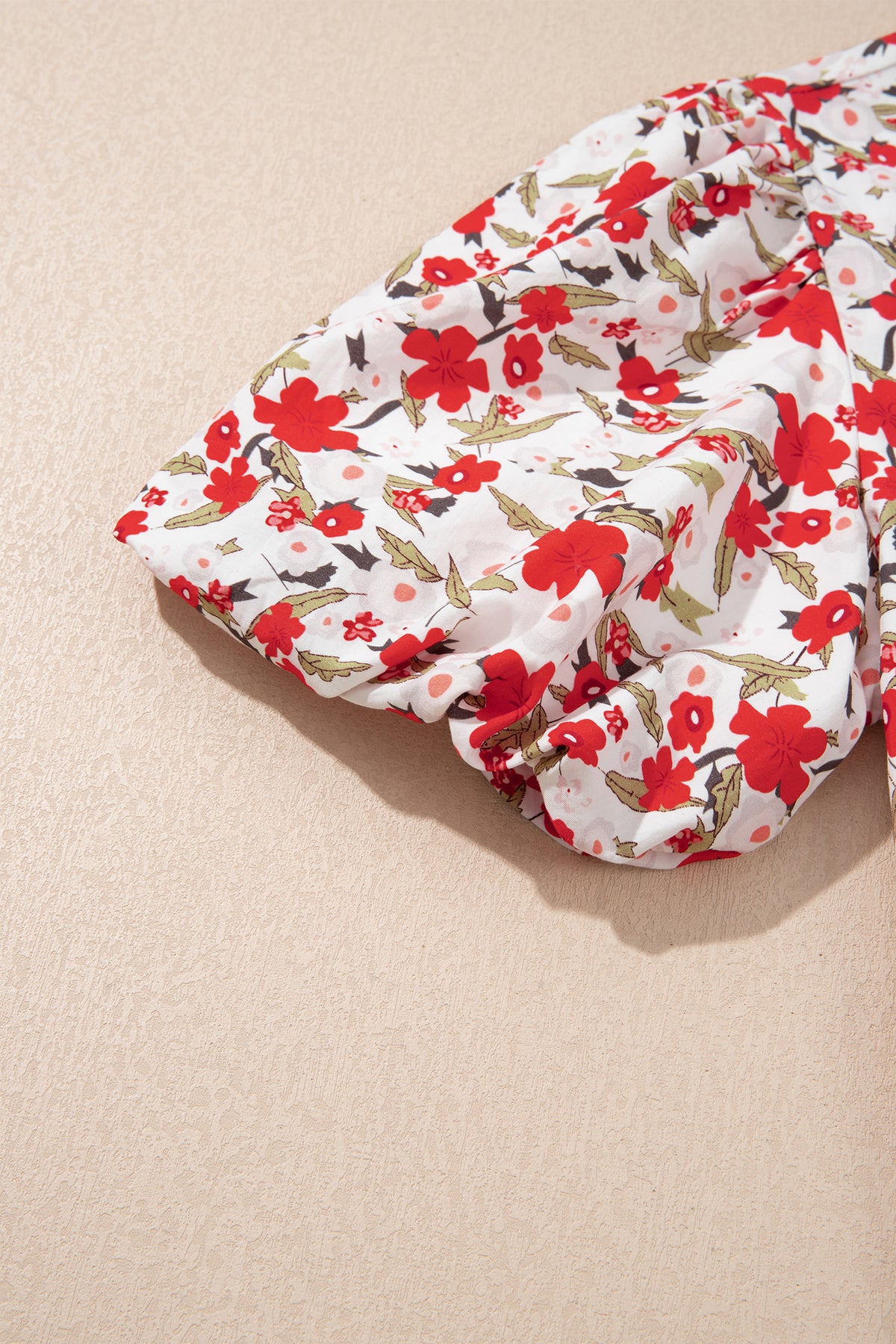 Red Floral Print Short Puff Sleeve Button Front Shirt