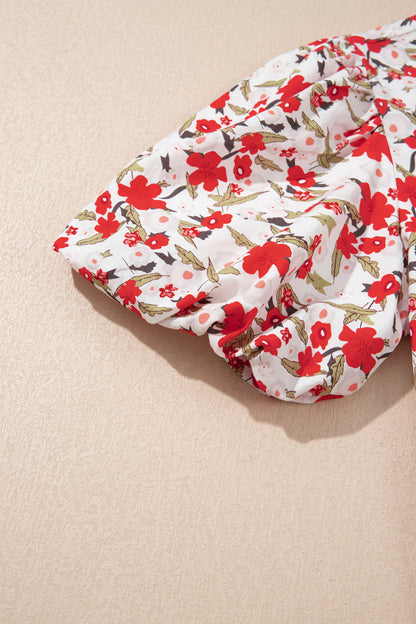 Red Floral Print Short Puff Sleeve Button Front Shirt