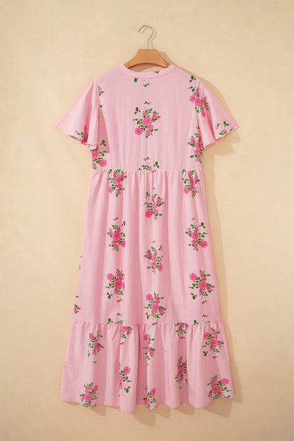 Pink Notched Neck Flutter Short Sleeve Floral Print Maxi Dress