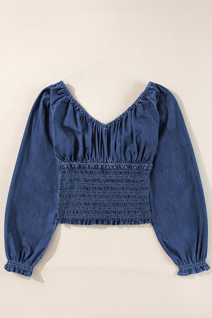 Dark Blue Smocked Ruffled Puff Sleeve V Neck Denim Blouse