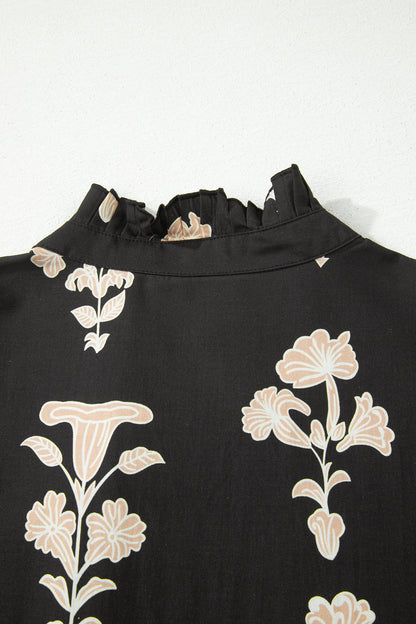 Black Frilled V Neck Puff Short Sleeve Floral Mini Dress