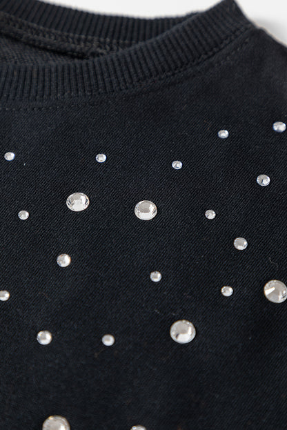 Black Rhinestone Embellished Drop Shoulder Ribbed Cuffs Wholesale Sweatshirt