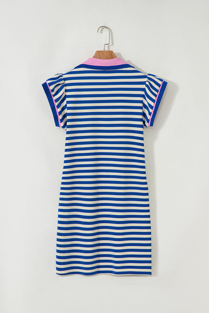 Dark Blue Stripe Print Contrast Collar Split Neck Flutter Sleeve Short Dress