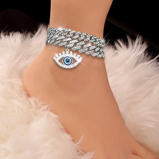 2pcs Set Hip Hop Punk Style Angel Eyes Pendant Anklets with Sparkling Rhinestones - Zinc Alloy, Perfect for Festivals & Casual Attire