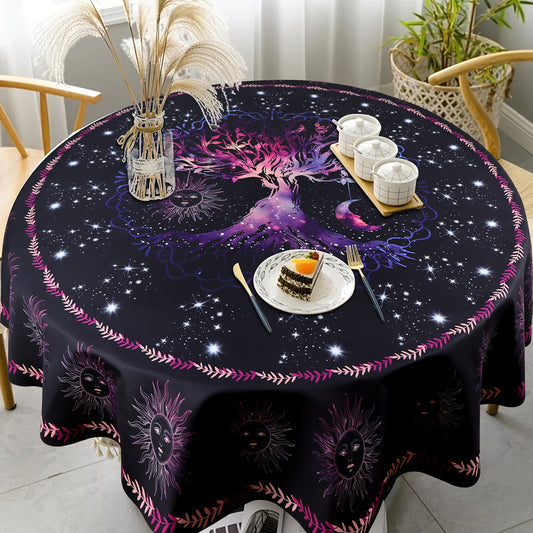 1pc Round Tablecloth 63 Inch, Boho Table Cloth With Sun MoonStar Tree Pattern, Stain Resistant, Absorbent And Wrinkle Free, Circle Table Cover For Home Kitchen Dining Party Patio Indoor AndOutdoor Use, Room Decor, Scene Decor