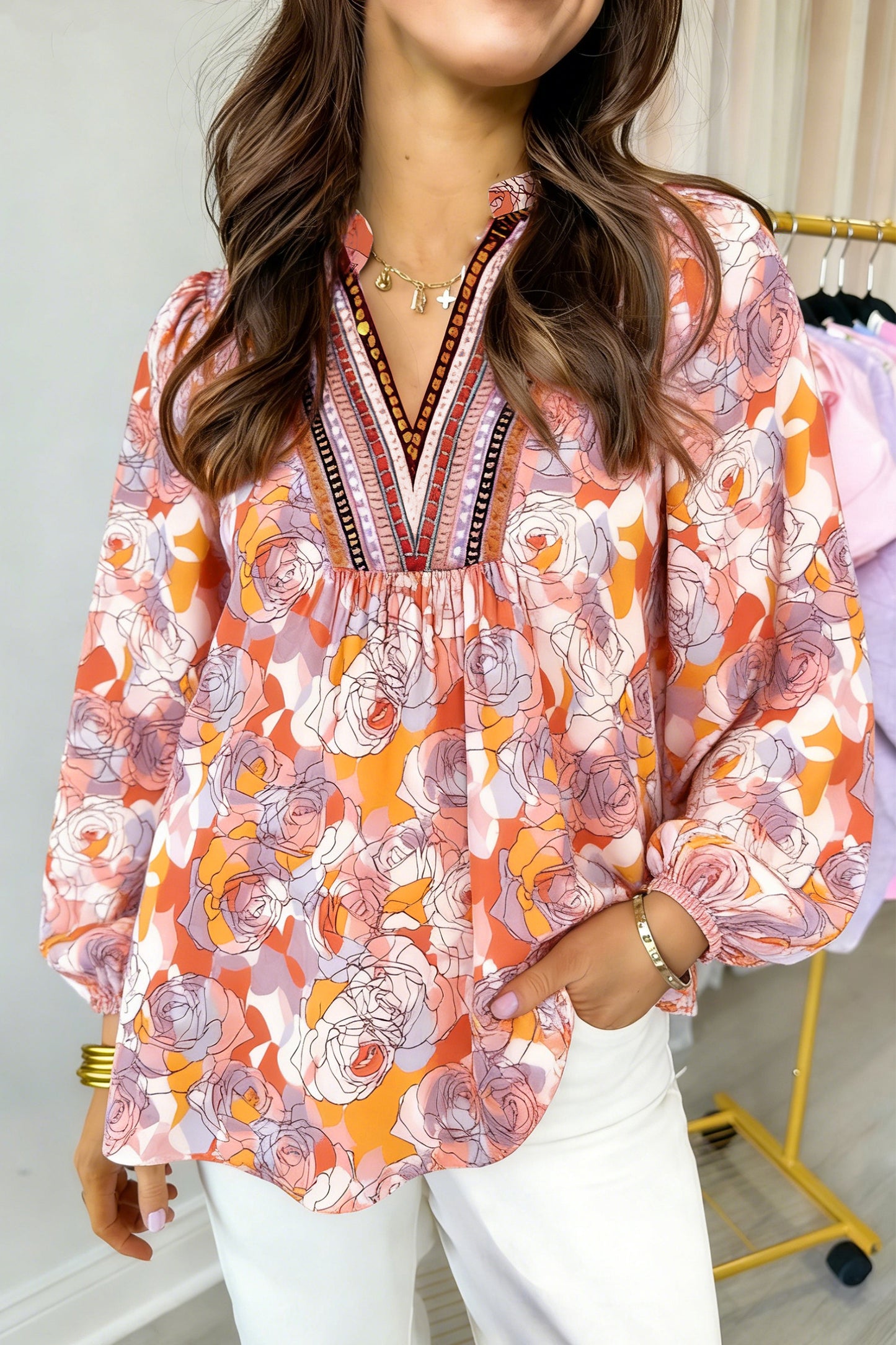 Pink Floral Print V Neck Long Sleeve Shift Blouse