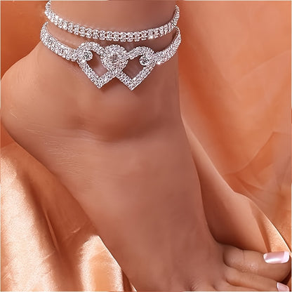[Two Adjustable Sparkling Anklets] A Set Of Two Ladies' Ankle Bracelets With Water Drill Design, Featuring Adjustable Silvery Sparkling Tennis Anklets, Shining Square Crystal Zirconia Anklets, A Perfect Jewelry Gift.