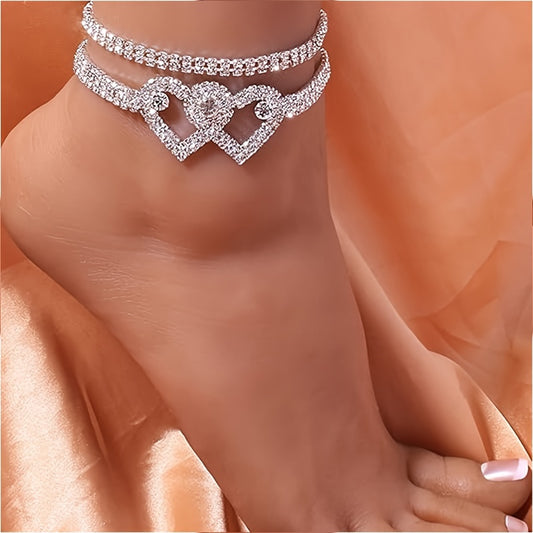 [Two Adjustable Sparkling Anklets] A Set Of Two Ladies' Ankle Bracelets With Water Drill Design, Featuring Adjustable Silvery Sparkling Tennis Anklets, Shining Square Crystal Zirconia Anklets, A Perfect Jewelry Gift.