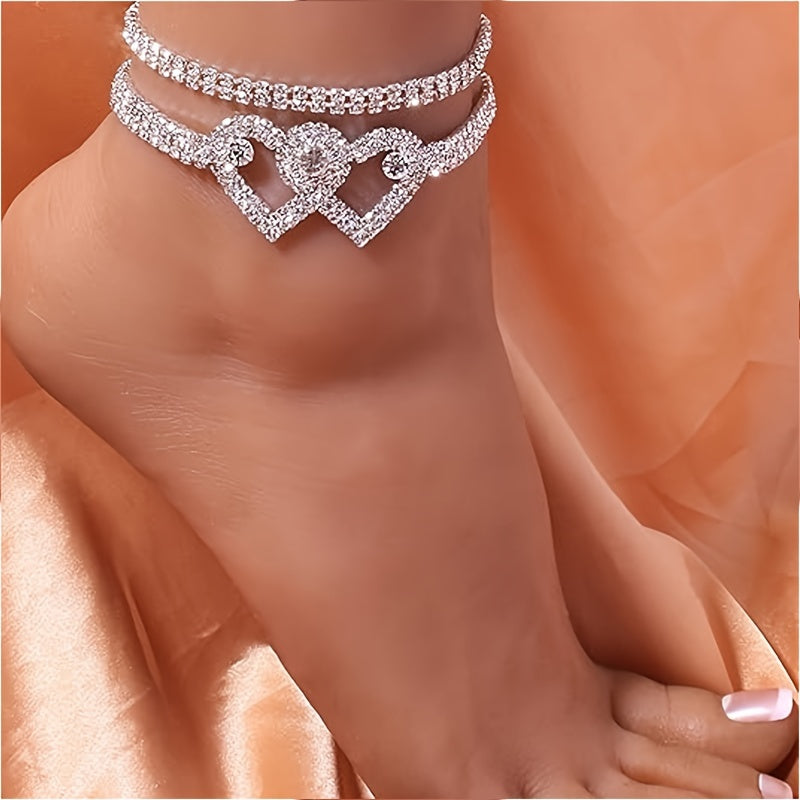 [Two Adjustable Sparkling Anklets] A Set Of Two Ladies' Ankle Bracelets With Water Drill Design, Featuring Adjustable Silvery Sparkling Tennis Anklets, Shining Square Crystal Zirconia Anklets, A Perfect Jewelry Gift.