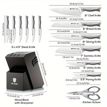 15pcs Brodark Kitchen Knife Set With Block, Knife Block Set With Built-in Sharpener, Dishwasher Safe Knives Set For Kitchen, NSF Certified Stainless Steel Kitchen Knives, Shark Series