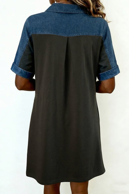 Carbon Grey Color Block Denim Patchwork Polo Collar T Shirt Shift Dress