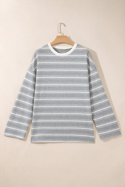 Gray Stripe Long Sleeve Round Neck Tunic Top