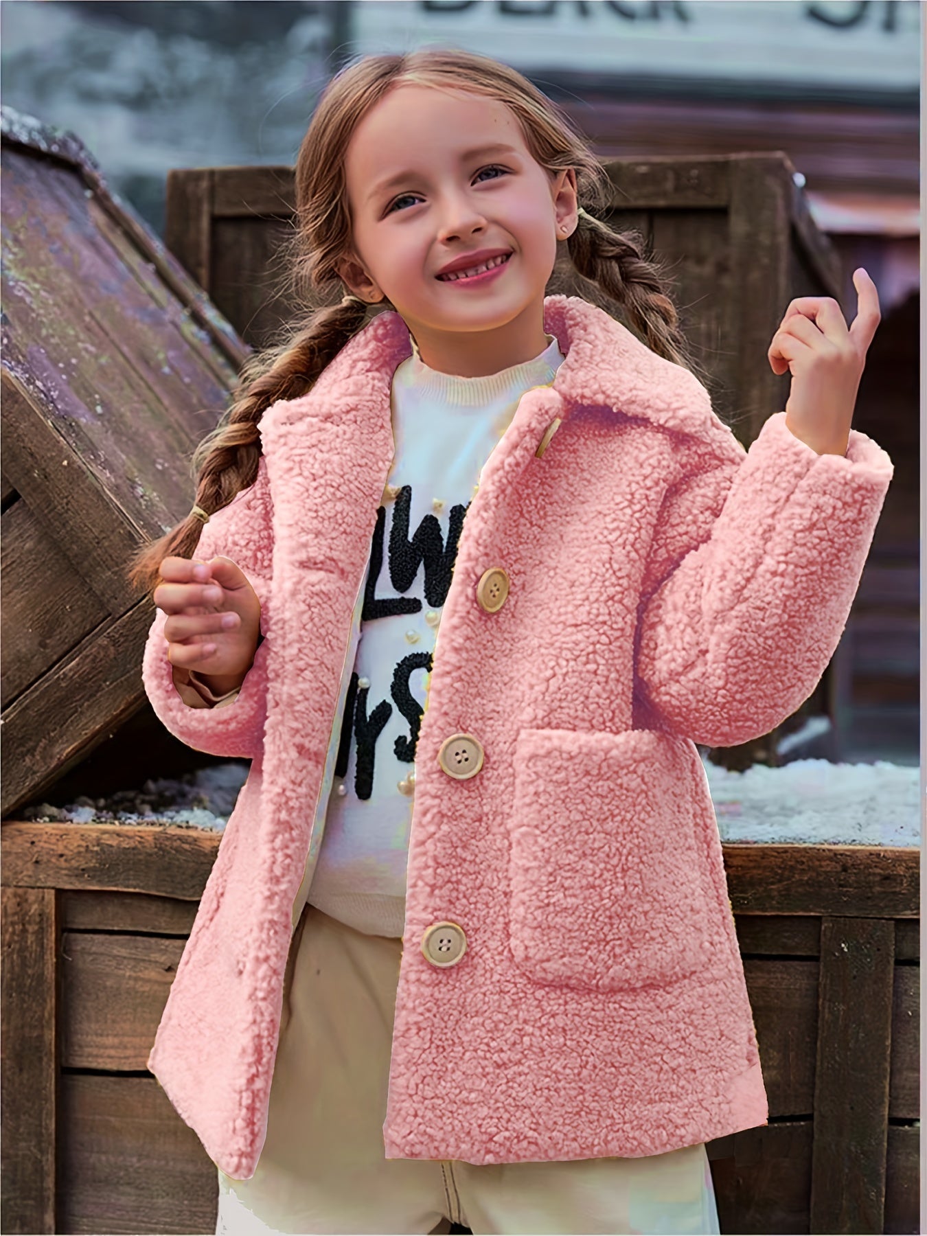 Girls' Lamb Fur Jacket | JOMAKE Korean-Style Lapel Collar, Two-Tone, Warm Windbreaker with Pockets, Lining, Button Closure, Long Sleeves for Winter
