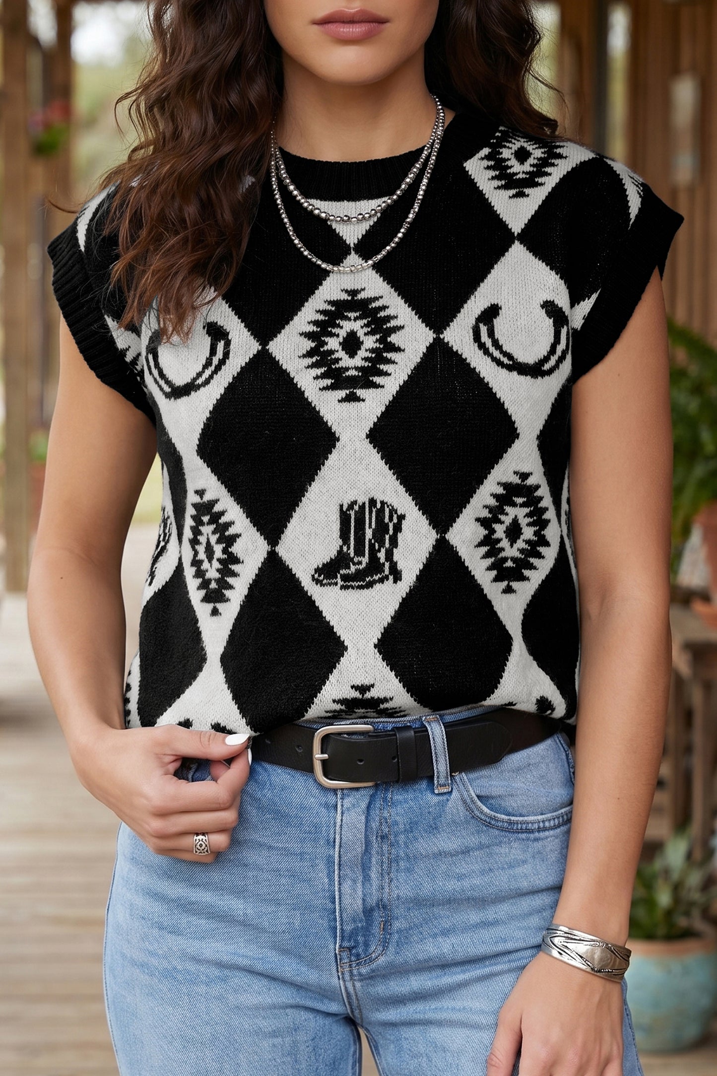 Black Retro Rhombus Western Print Drop Shoulder Short Sleeve Sweater
