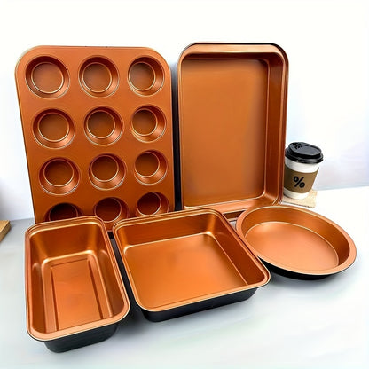 5pcs/set, Nonstick Bakeware Set, Baking Pans Set With Round Cake Pan, Square Cake Pan, Loaf Pan, Muffin Pan & Roasting Pan, Baking Sheet Set Dishwasher Safe Easy Clean For Oven Safe