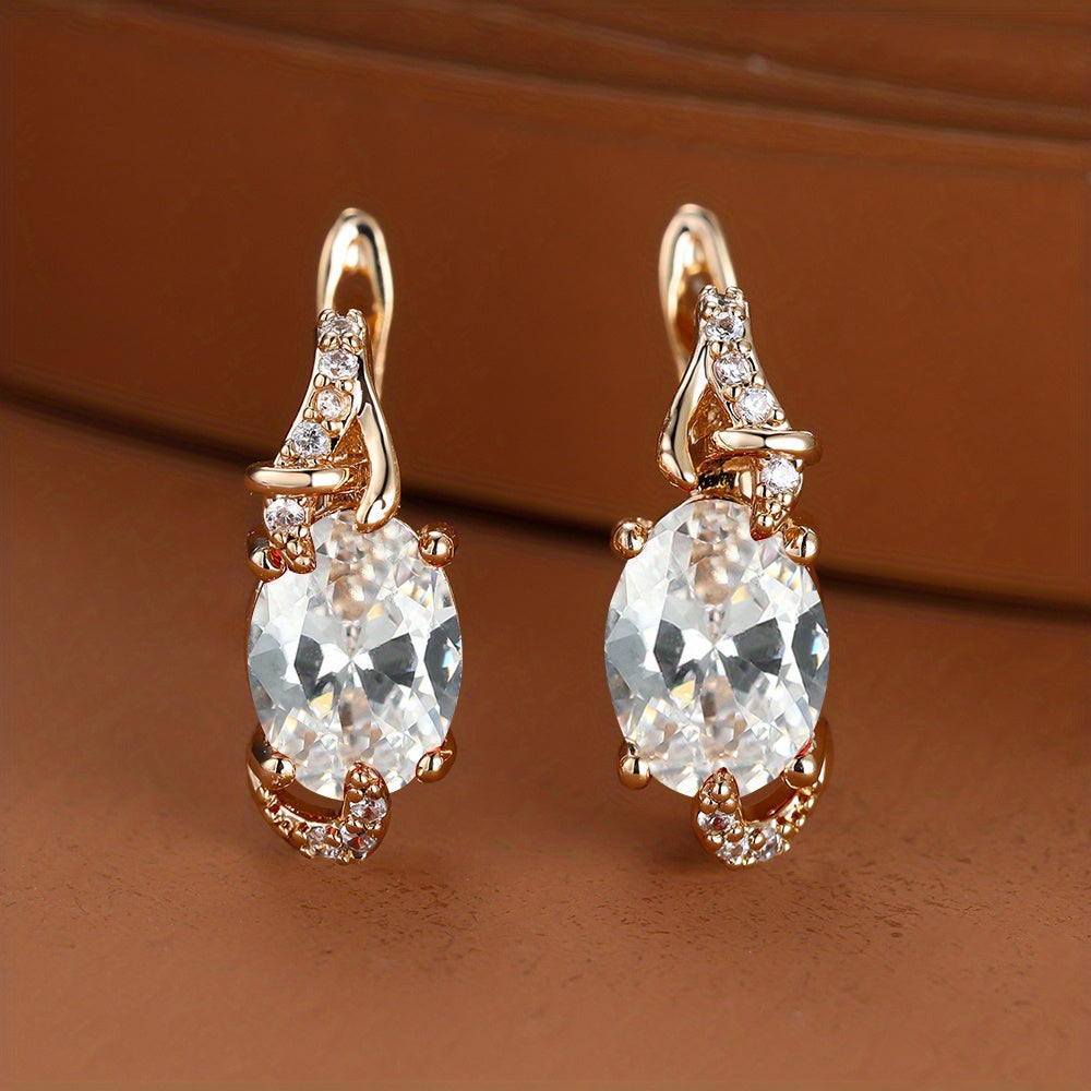 Women's 18K Gold Plated Blue Stone Stud Earrings - Elegant Round Oval Cut, Synthetic Cubic Zirconia, Copper Ear Needle - All-Season Jewelry | Trendy Design | Durable Plating