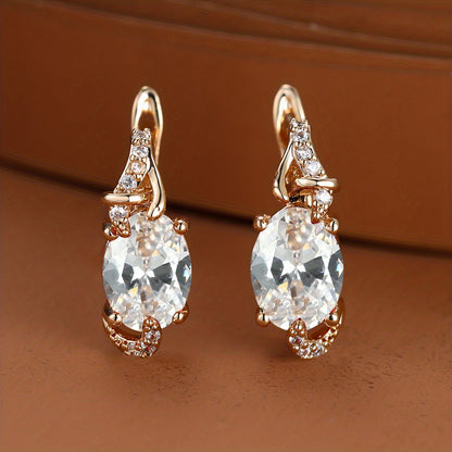 Women's 18K Gold Plated Blue Stone Stud Earrings - Elegant Round Oval Cut, Synthetic Cubic Zirconia, Copper Ear Needle - All-Season Jewelry | Trendy Design | Durable Plating
