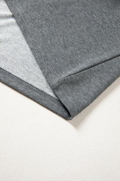 Carbon Grey Denim Color Block Patchwork Shirt Collar Short Sleeve Blouse