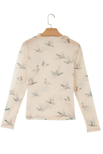 Beige High Neck Western Print Mesh Sheer Long Sleeve Top