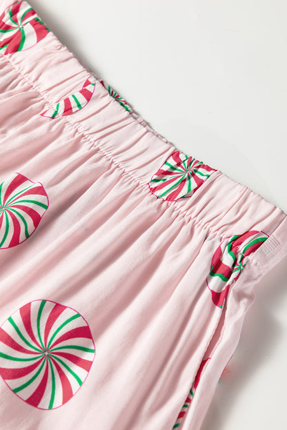 Pink Christmas Candy Contrast Trim Bow Knot Silky 2pcs Pajama Set