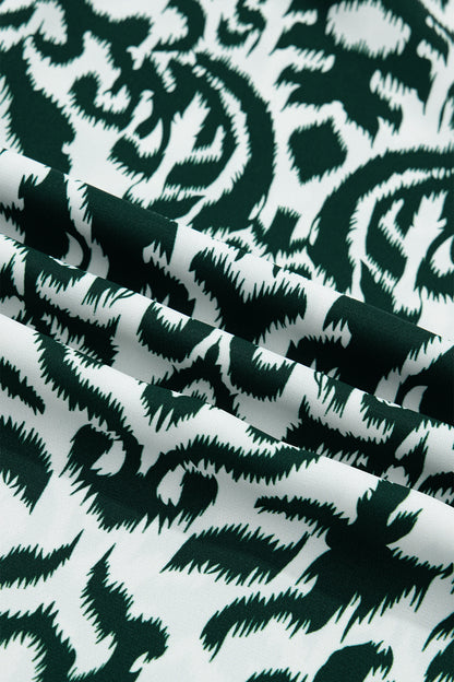 Green Damask Print Ruffled Color Block Detail Half Sleeve Blouse